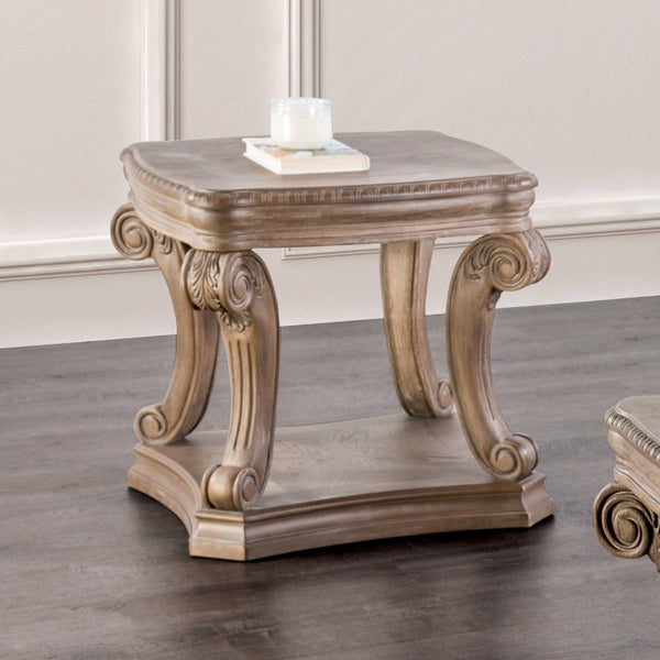English Elm Traditional End Table In Weathered Oak Finish With Carved Details & Scroll Legs For Elegant Storage B2741P360607-GIGA