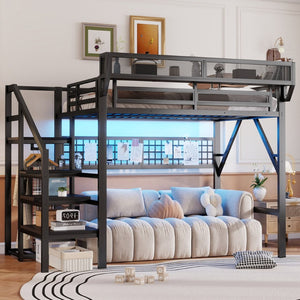 English Elm Full Metal Loft Bed with Stairs Wardrobe Rgb Lighting and Storage for Teens W2580S00066