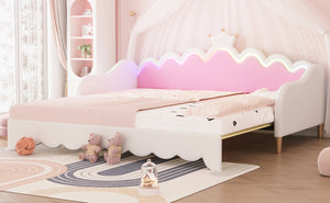 English Elm Twin Extending Daybed with LED Crown Headboard, Upholstered Princess Design for Cozy Kids Room White 76.5 L x 17.4 W x 4.3 H HL000104AAK