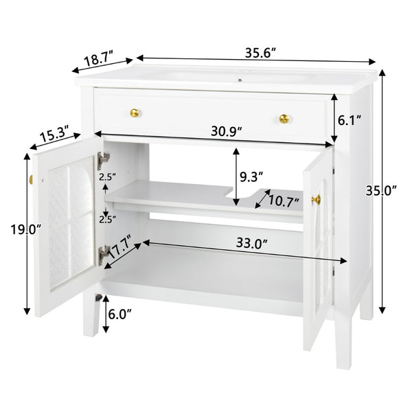 English Elm 35.6" Freestanding Bathroom Vanity with Roman Column Base and Ceramic Integrated Sink White W1801S00001