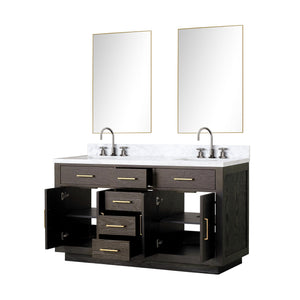 English Elm Brown Oak Double Bath Vanity With Carrara Marble Top & Chrome Faucets - Elegant Storage Solution B2731S01793