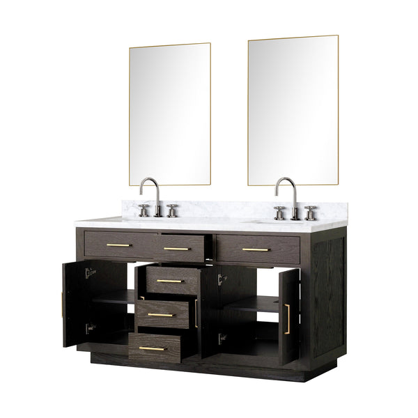 English Elm Brown Oak Double Bath Vanity With Carrara Marble Top & Chrome Faucets - Elegant Storage Solution B2731S01793