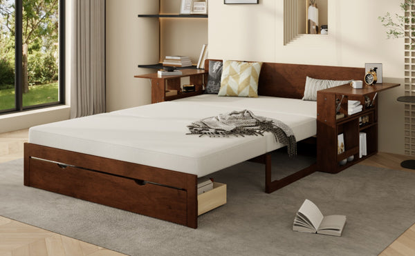 English Elm Full Size Daybed with Hydraulic Desk Armrests Storage Drawer and Sofa Seating Espresso LT000271AAP