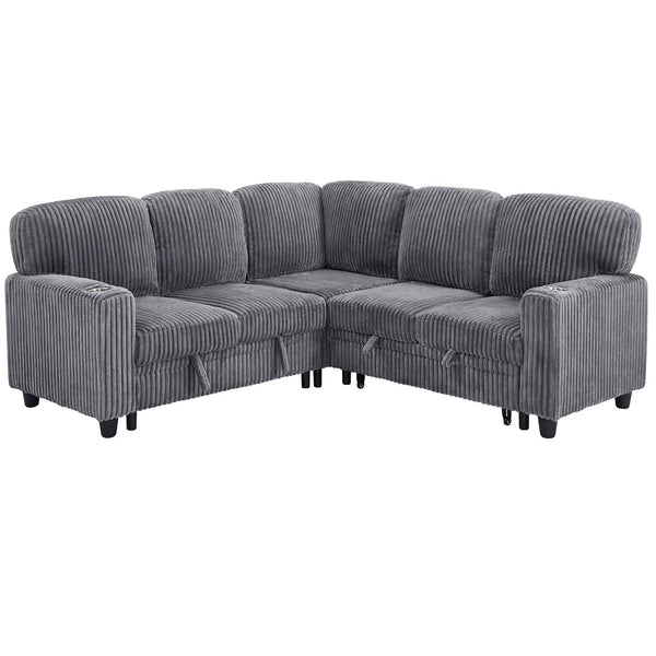 English Elm L-Shaped Sofa with Pull-Out Bed and Storage, 5-Seat Sectional with USB, Cup Holders, Cozy Chenille Grey W1998S00074