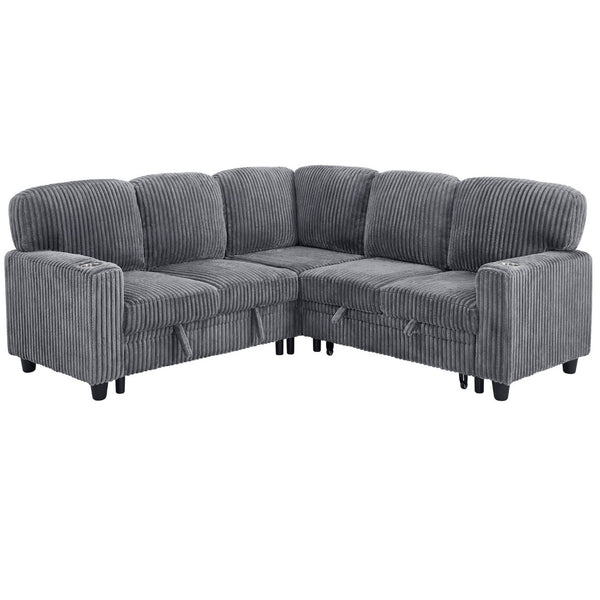 English Elm L-shaped Sectional Sleeper Sofa with Hidden Storage Usb Charging Corduroy Upholstery Grey W1998S00092