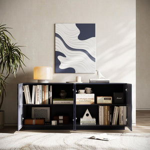 English Elm Buffet Modern Minimalist 4-Door Sideboard with Open Shelves, Anti-Tip Freestanding Storage, Navy W2263P353606