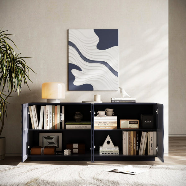 English Elm Buffet Modern Minimalist 4-Door Sideboard with Open Shelves, Anti-Tip Freestanding Storage, Navy W2263P353606