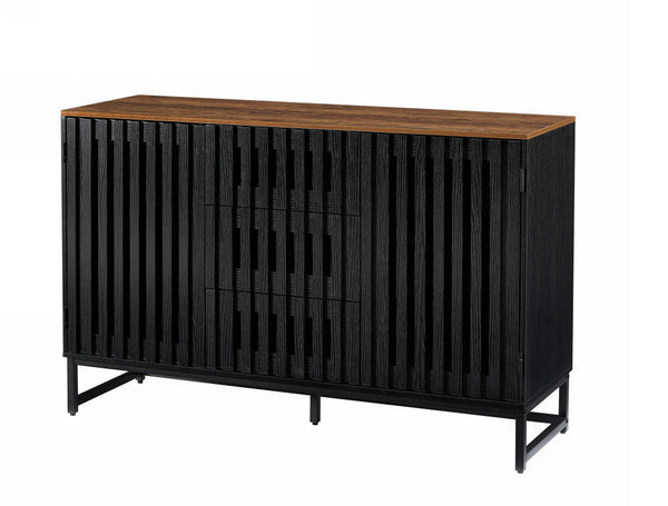 English Elm 3 Drawer Black Dresser with 4 Shelves and Slatted Grille Doors — Modern MDF Sideboard, Durable Metal Legs, Ample Storage for Bedroom & Living Room W578P193314