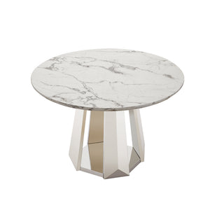 English Elm 47" Round Marble Dining Table - Modern High-Gloss Faux Marble Top With Stainless Steel Base For Style W3456S00007