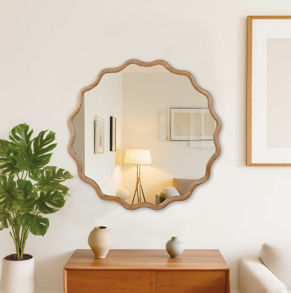 English Elm Natural Wood 36in Wavy Round Solid Wood Frame Mirror – Rustic Tempered Glass Vanity Decor, Entryway W2203P389080