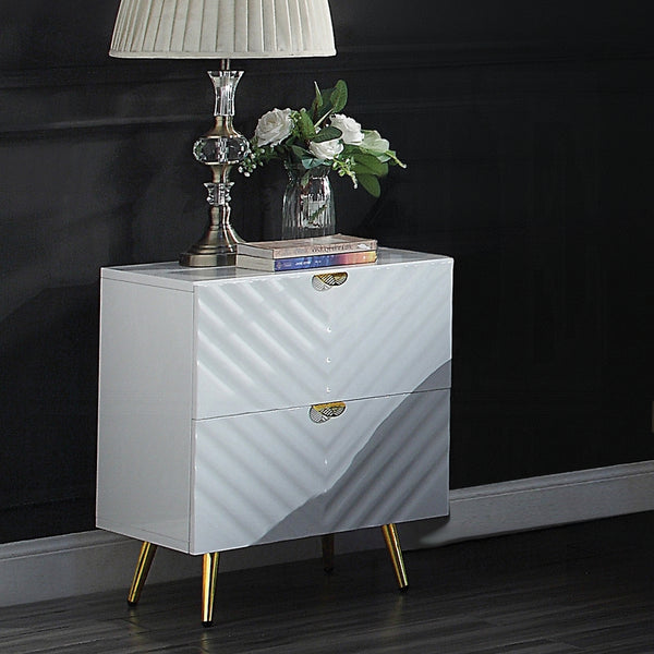 English Elm White White High Gloss 2-Drawer Nightstand with Gold Accents, Diagonal Texture, Glamorous Storage Options B062P189206