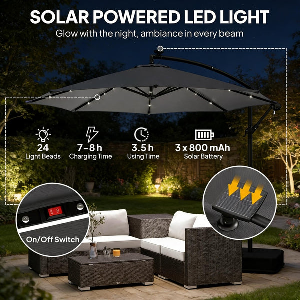 English Elm Garden Cantilever Patio Umbrella with Solar Led Lights and Upf30 Polyester Canopy Dark Gray T3971P481952