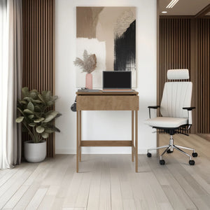 English Elm Eagar Minimalist Desk Beige Light Oak - Compact Scratch-Resistant Workstation with Sturdy Support Bar and Ergonomic Surface B128P375322