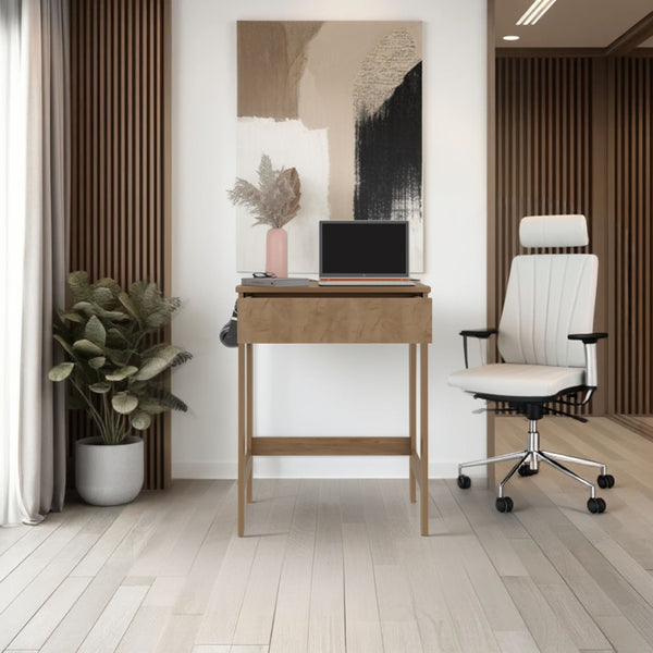 English Elm Eagar Minimalist Desk Beige Light Oak - Compact Scratch-Resistant Workstation with Sturdy Support Bar and Ergonomic Surface B128P375322