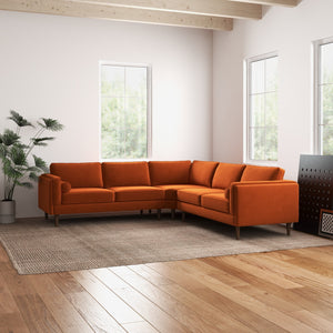 English Elm Ashcroft Furniture - Amber Mid-Century Burnt Orange Velvet Corner Sectional Sofa with Tapered Walnut Legs, Removable Cushions B183S00074