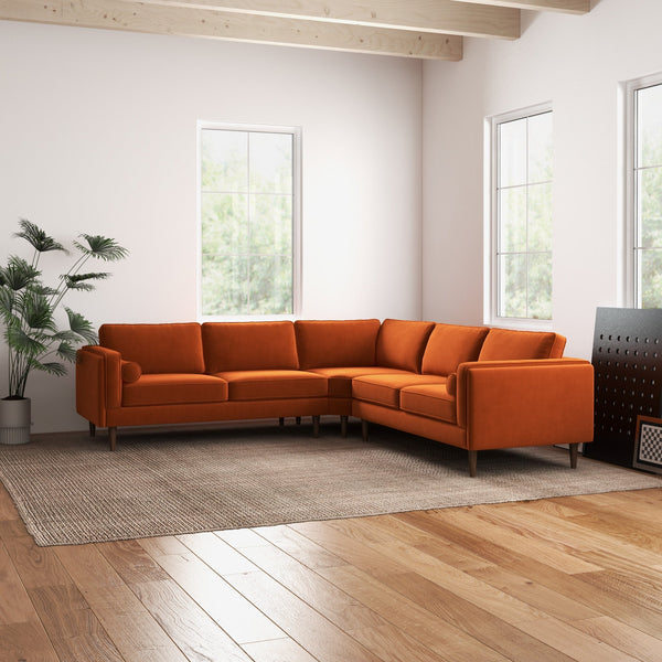 English Elm Ashcroft Furniture - Amber Mid-Century Burnt Orange Velvet Corner Sectional Sofa with Tapered Walnut Legs, Removable Cushions B183S00074