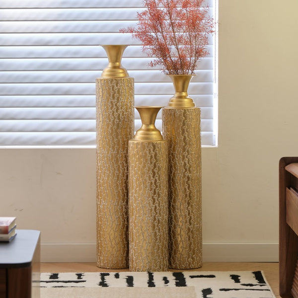 English Elm Metal Decorative Vases Set Of 3 - Antique Gold Finish With Etched Vine Patterns For Elegant Décor W2796P192834