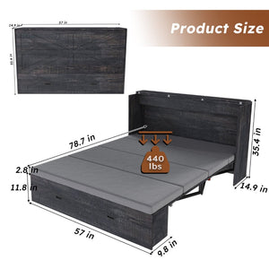 English Elm 57 Inch Murphy Bed Cabinet with Storage Drawers Charging Station and Rolling Casters Carbon Black W509S00157