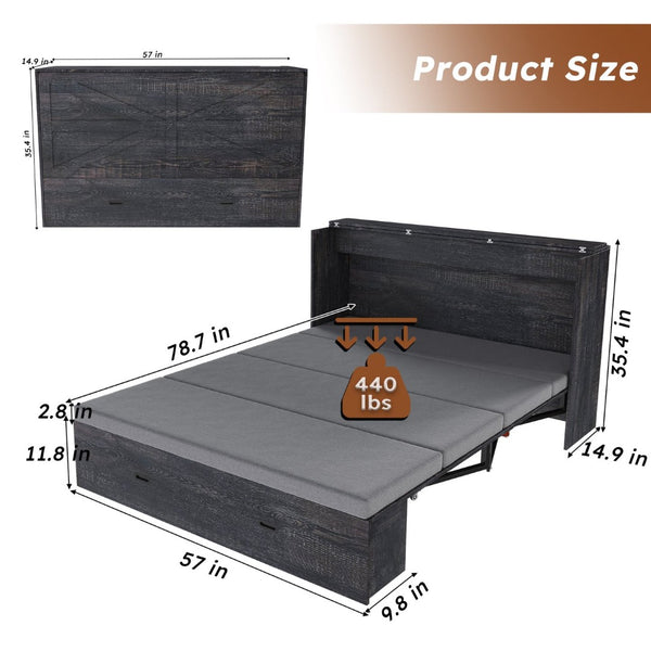 English Elm 57 Inch Murphy Bed Cabinet with Storage Drawers Charging Station and Rolling Casters Carbon Black W509S00157