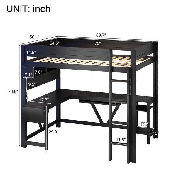 English Elm Wood Full Size Gaming Loft Bed With Integrated Desk, Charging Station & Led Lights - Black Finish N7090004022B-GIGA