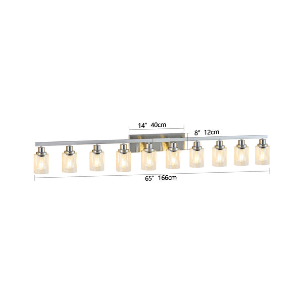 English Elm 10 Light Bathroom Vanity Fixture 65.4in Matte Metal 10-Light Wall Sconce with Clear Glass Shades for Mirror Chrome W2312P374799