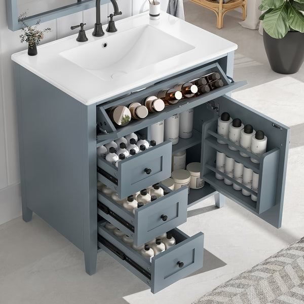 English Elm 30-Inch Contemporary Bathroom Vanity with Sink, MDF & Rubberwood, Glossy Finish, 3 Drawers + Cabinet Blue Gray N725P350819E