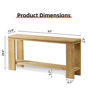 English Elm 63" Natural Wood Boho Console Table with Beaded Edge, 2-Tier Rustic Narrow Sofa Table for Entryways W3306P318859