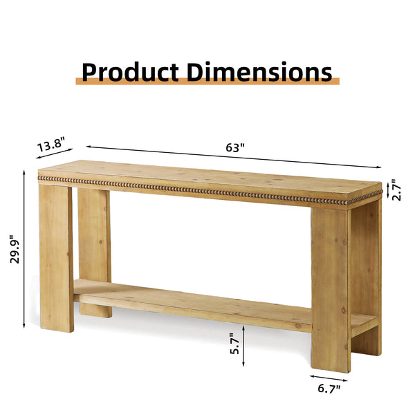 English Elm 63" Natural Wood Boho Console Table with Beaded Edge, 2-Tier Rustic Narrow Sofa Table for Entryways W3306P318859