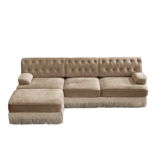 English Elm 3-seater Velvet Modular Sectional Sofa with Button Tufting Tassel Skirt Living Room Camel W714S01697