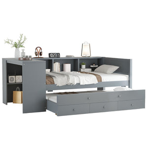 English Elm Twin Size Daybed With Trundle And Desk, Stylish Wood Frame With Storage Drawers And Shelves, Gray W1580S00204-GIGA