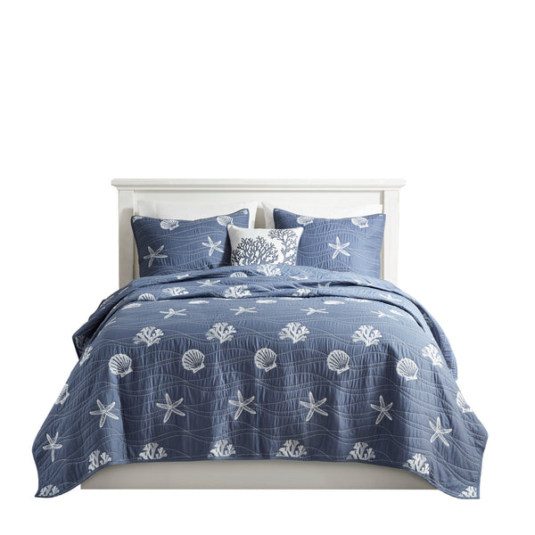 English Elm 4 Piece Cotton Reversible Embroidered Quilt Set with Coastal Starfish & Shell Motifs, OEKO-TEX Certified Quality Navy 20.87 L x 16.93 W x 5.71 H B03595792