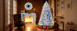 English Elm 6FT Snow Flocked Christmas Tree with Pre-Lit Colorful LEDs, 9ft Garland & Wreath Set, Hinged Decor N704P199472A