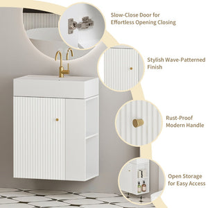 English Elm 21.6" Wall Mounted Bathroom Vanity Ceramic Sink Soft Close Cabinet Open Shelving White W1573S00091