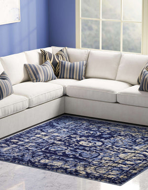 Unique Loom La Jolla Vintage Machine Made Border Rug Blue, Ivory/Navy Blue/Light Blue 7' 10" x 7' 10"