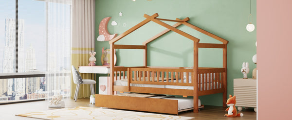 English Elm Twin House Bed with Trundle Solid Pine Frame Walnut Kids Bedroom Sleepover N708P357115L