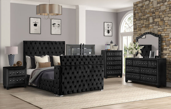 English Elm Encore Modern Style Black Upholstered King 5Pc Bedroom Set With Tufted Headboard & Storage Solutions B009S01693