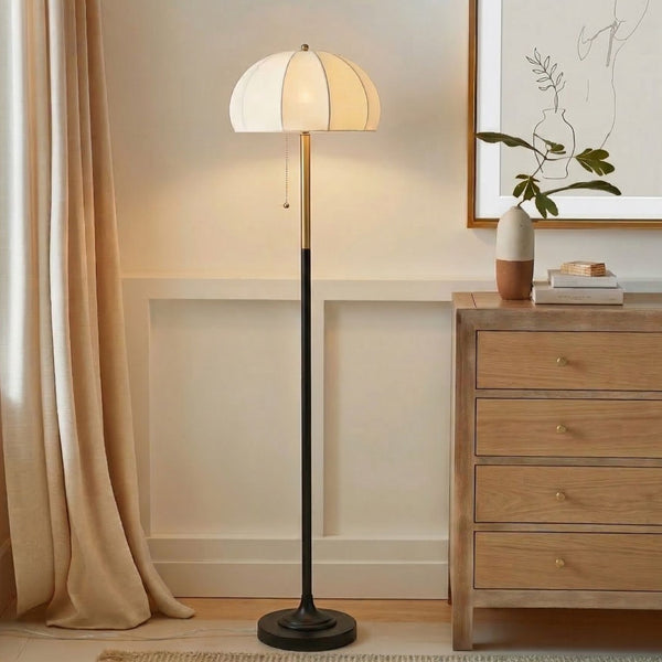 English Elm Textured Ribbed Ceramic Floor Lamp Fluted Fabric Dome Shade Warm Ambient Living Room B035P496602