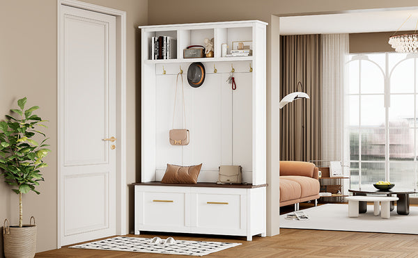 English Elm ON-TREND Rustic 4-in-1 Hall Tree with Bench, 6 Gold Hooks, Shoe Storage, Drawers & Anti-Tip Safety White N721P272898K