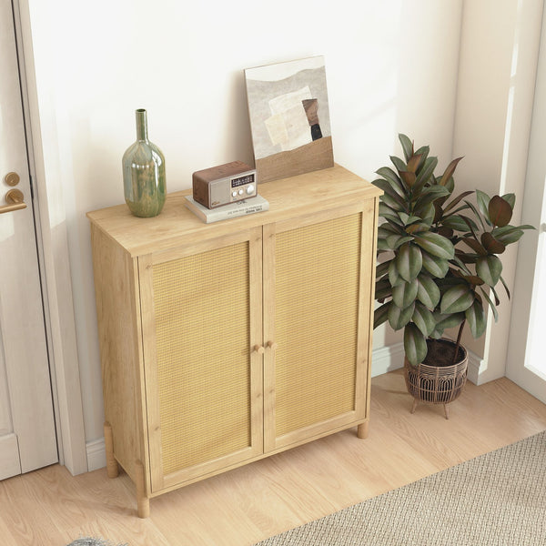 English Elm Mid-Century Woven Rattan Door Storage Cabinet with Adjustable Shelves and Solid Wood Legs, Stylish and Functional Natural 35.4 L x 18.5 W x 6.3 H W3151P288911