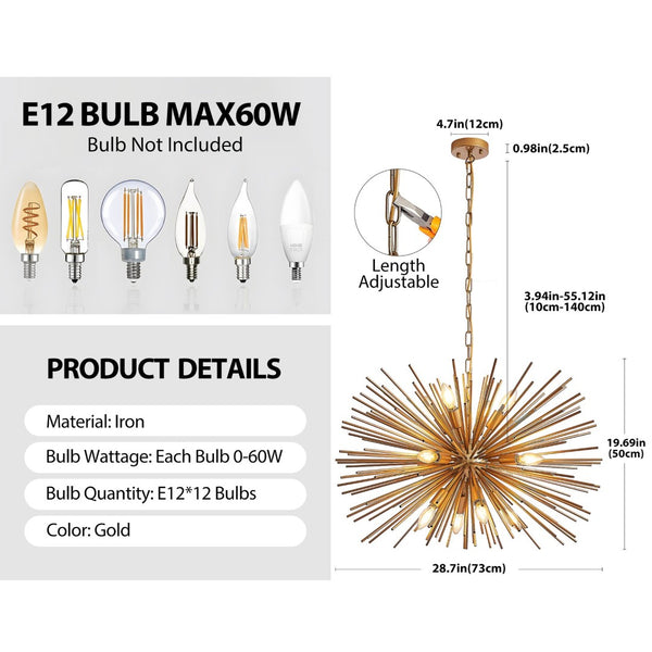 English Elm 29" Sputnik Chandelier Gold Iron 12 Arm Starburst Pendant Mid-century Foyer Light W1340P279982