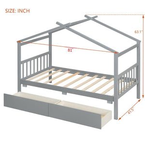 English Elm Twin House Bed Solid Pine Kids Cottage Frame with Storage Drawers Imaginative Room Gray N708P309245E