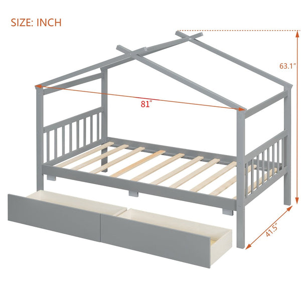 English Elm Twin House Bed Solid Pine Kids Cottage Frame with Storage Drawers Imaginative Room Gray N708P309245E