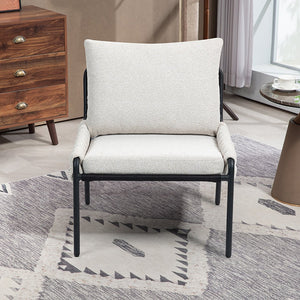English Elm Modern Accent Lounge Chair with Braided Fabric Upholstery, Ergonomic Backrest, Plush Cushioning, Metal Frame, Adjustable Feet - Stylish Living Room Armchair Beige W2215P252349