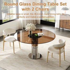 English Elm 35-inch Round Tempered Glass Dining Table with Steel Base for Small Apartments W509S00162
