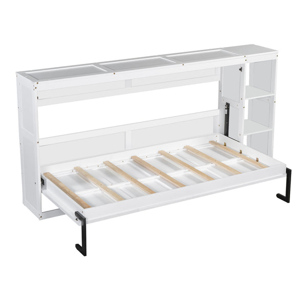 English Elm Twin Space-Saving Murphy Bed with Bookshelf and Fold-Down Desk, LVL/MDF, Compact Modern Design White GX002221AAK