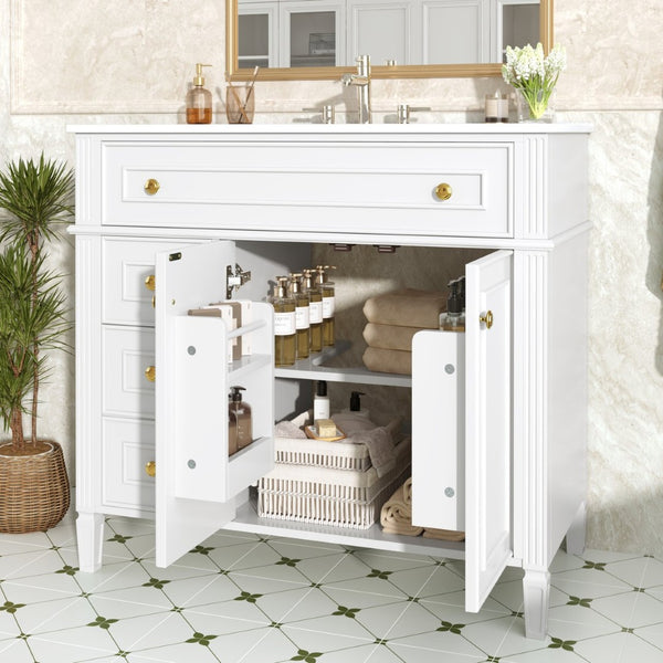 English Elm 36 Inch Freestanding Bathroom Vanity Sage Pine Cabinet Gold Hardware Ceramic Sink White N725P366468K