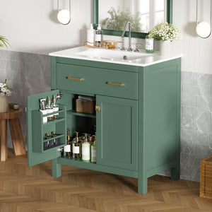English Elm 30-inch Modern Bathroom Vanity with Ceramic Sink, Gold Accents, Solid Wood Frame, Soft-Close Doors and Ample Storage Green WF324045AAF
