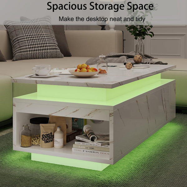 English Elm Coffee Table with Led Lighting Bluetooth Speaker Wireless Charging and Faux Marble Top White T3773P415726
