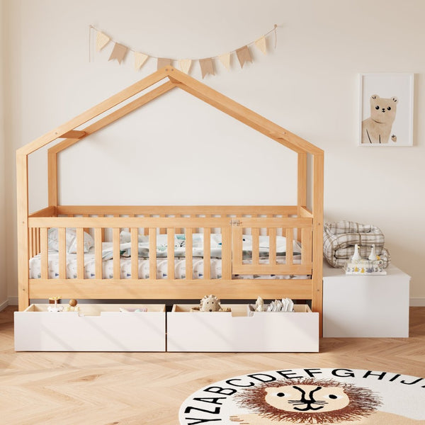 English Elm Toddler Playhouse Bed Solid Pine Frame with Storage Drawers Safety Gate Kids Room N899P429858N
