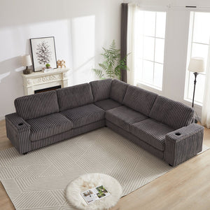 English Elm 110-Inch Oversized Corduroy Corner Sofa with Storage, USB & Cup Holders, Deep Plush Seating Comfort DARK GREY W834S00285
